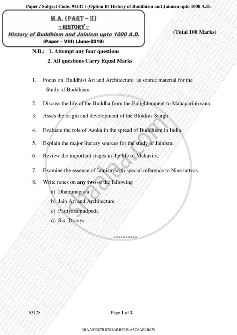 History of Buddhism and Jainism up to 1000 A.D. 2018-2019 - M.A. - Part 2 - University of Mumbai question paper with PDF download
