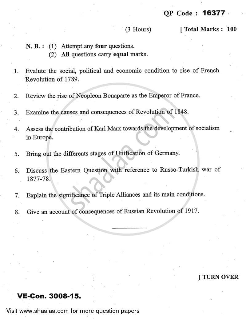 History of Europe (1789- 1919) 2014-2015 - M.A. - Part 1 - University of Mumbai question paper with PDF download