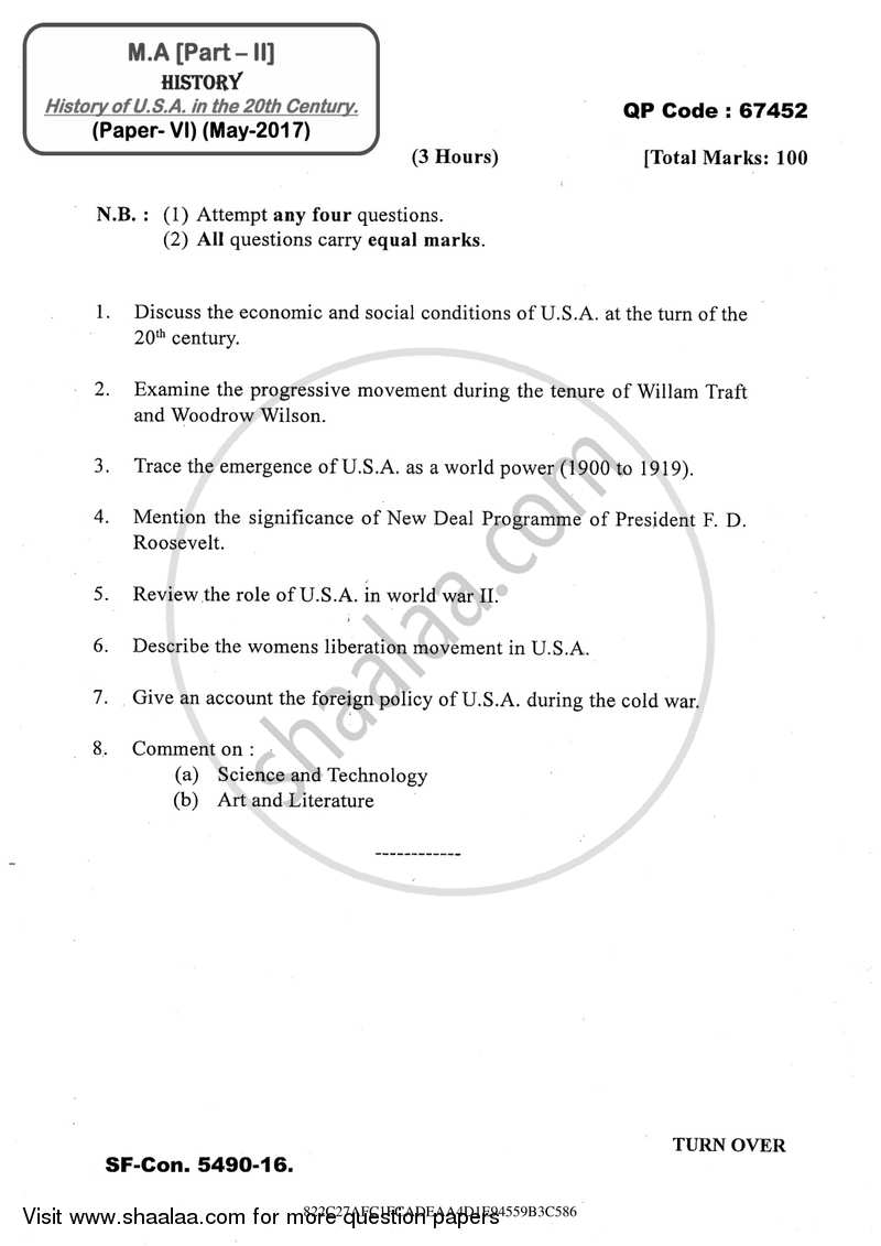 History of U.S.A. in the 20th Century 2016-2017 - M.A. - Part 2 - University of Mumbai question paper with PDF download