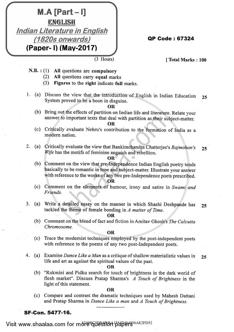Indian Literature in English (1820s Onwards) 2016-2017 - M.A. - Part 1 - University of Mumbai question paper with PDF download