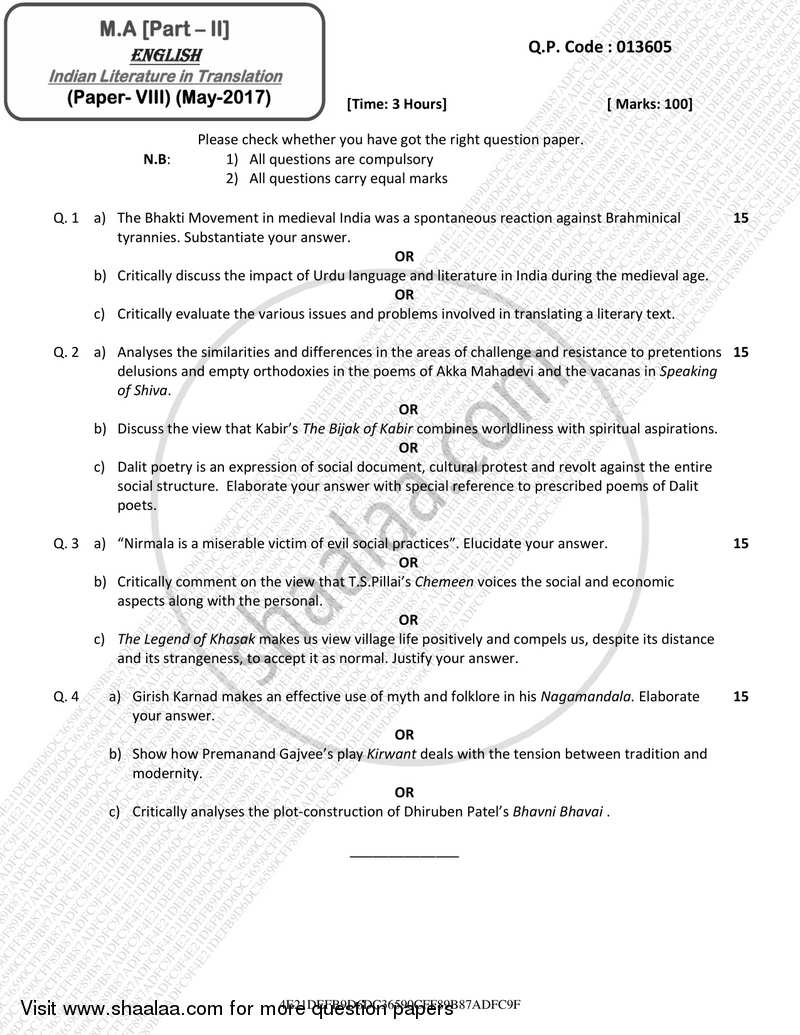 Indian Literature in Translation 2016-2017 - M.A. - Part 2 - University of Mumbai question paper with PDF download