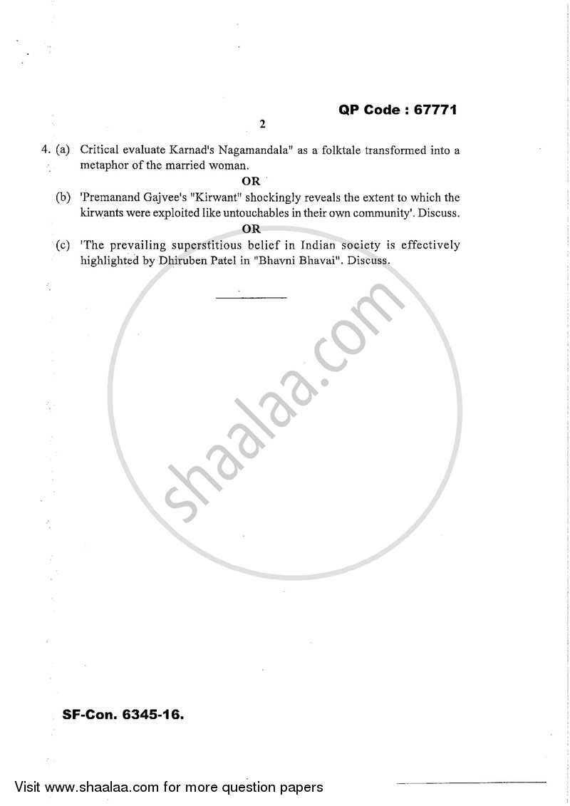 Indian Literature in Translation 2016-2017 - M.A. - Part 2 - University of Mumbai question paper with PDF download