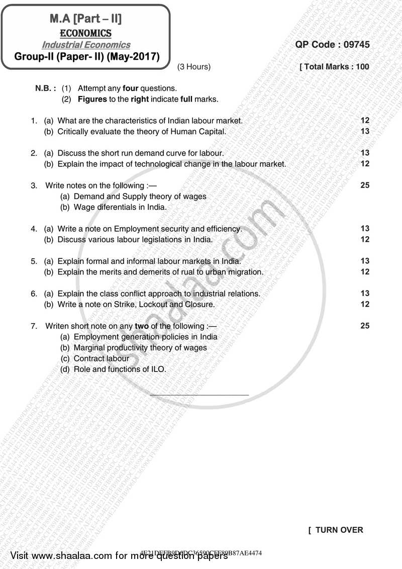 Industrial Economics ( Labour Economics and Industrial Relations) 2016-2017 - M.A. - Part 2 - University of Mumbai question paper with PDF download