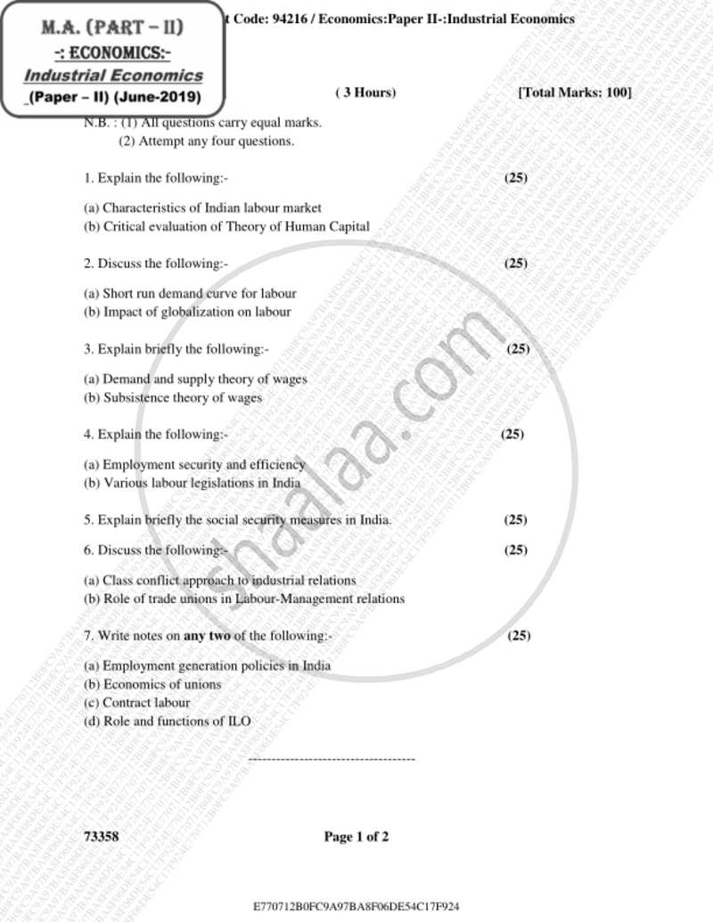 Industrial Economics ( Labour Economics and Industrial Relations) 2018-2019 - M.A. - Part 2 - University of Mumbai question paper with PDF download