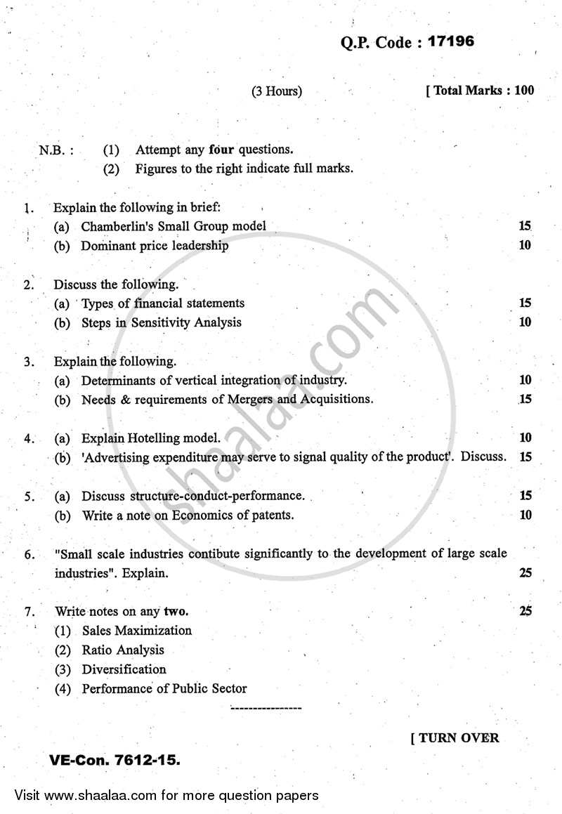 Industrial Economics 2014-2015 - M.A. - Part 1 - University of Mumbai question paper with PDF download