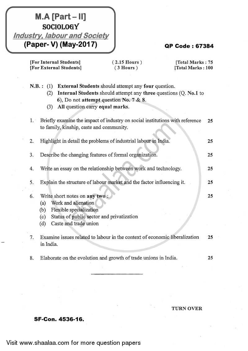 Industry Labour and Society 2016-2017 - M.A. - Part 2 - University of Mumbai question paper with PDF download