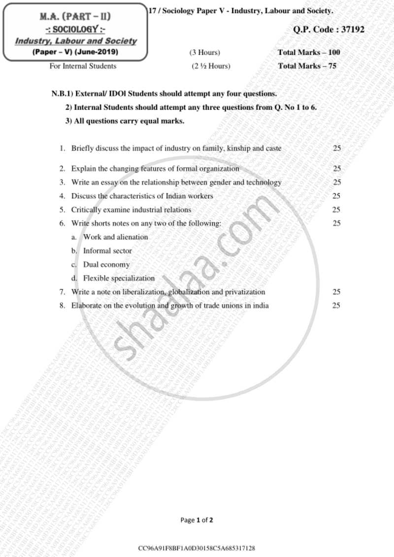 Industry Labour and Society 2018-2019 - M.A. - Part 2 - University of Mumbai question paper with PDF download