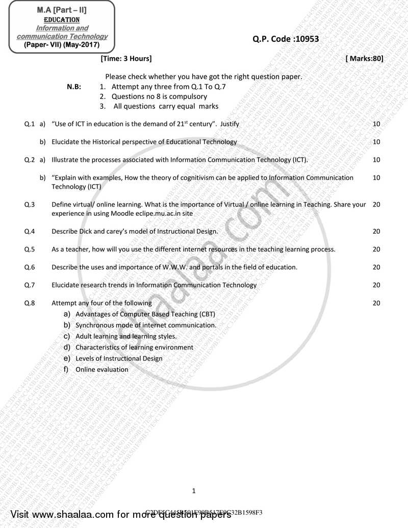 Information and Communication Technology 2016-2017 - M.A. - Part 2 - University of Mumbai question paper with PDF download