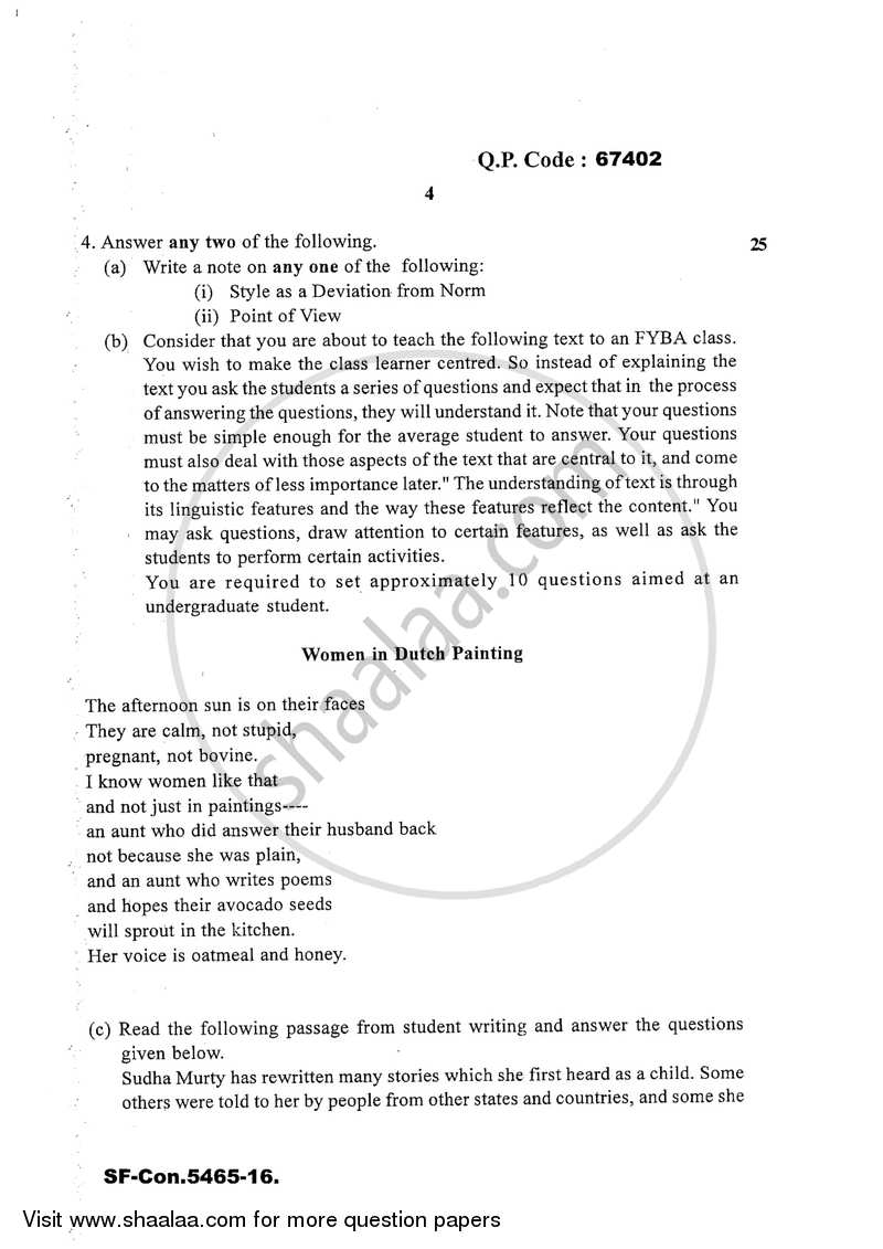 Linguistic and Stylistic Analysis of Texts 2016-2017 - M.A. - Part 1 - University of Mumbai question paper with PDF download