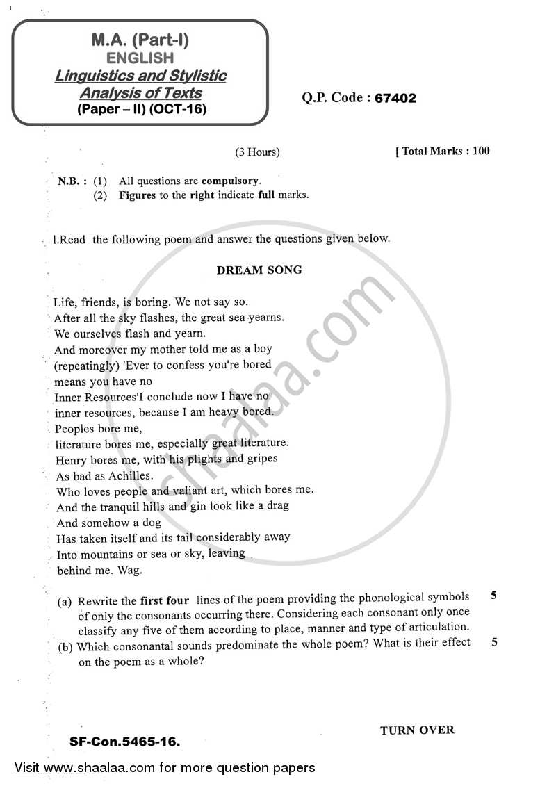 Linguistic and Stylistic Analysis of Texts 2016-2017 - M.A. - Part 1 - University of Mumbai question paper with PDF download