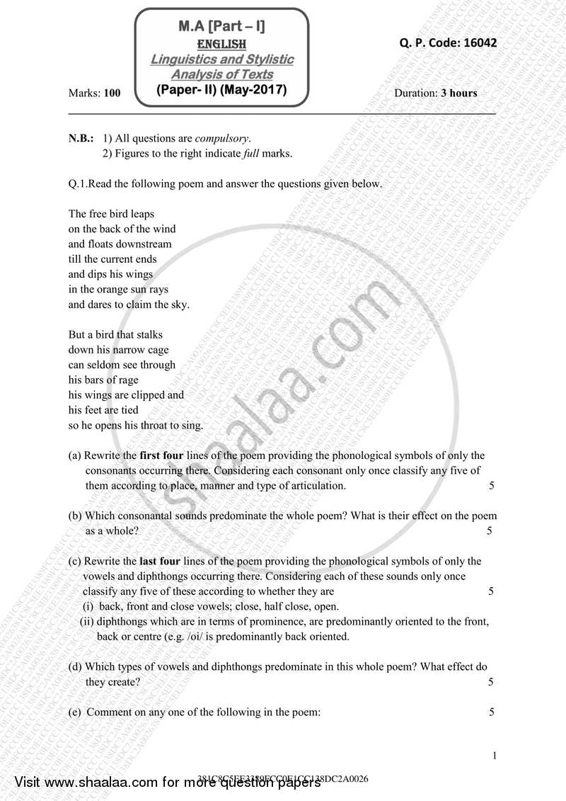 Linguistic and Stylistic Analysis of Texts 2016-2017 - M.A. - Part 1 - University of Mumbai question paper with PDF download