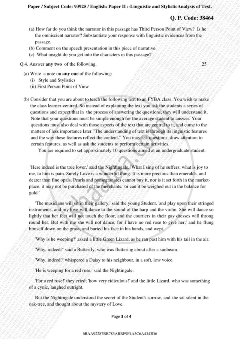 Linguistic and Stylistic Analysis of Texts 2018-2019 - M.A. - Part 1 - University of Mumbai question paper with PDF download