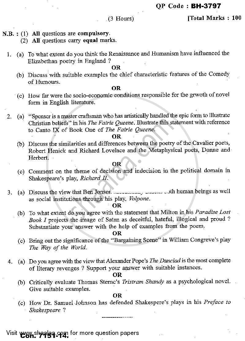 Literature from the Renaissance to the Augustan Age 2013-2014 - M.A. - Part 1 - University of Mumbai question paper with PDF download