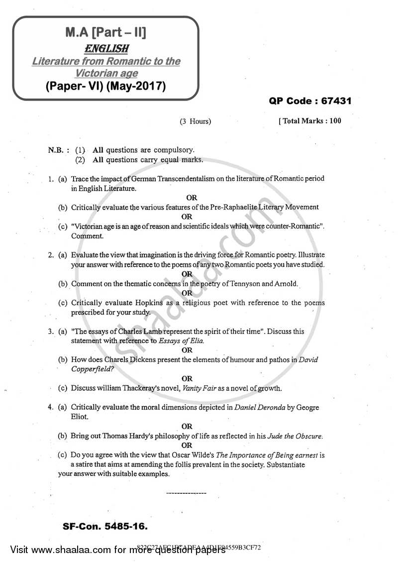 Literature from Romantic to the Victorian Age 2016-2017 - M.A. - Part 2 - University of Mumbai question paper with PDF download