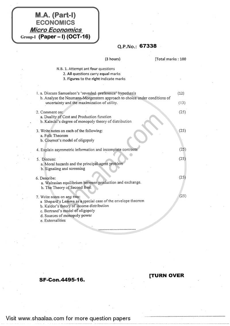 Micro Economics 2016-2017 - M.A. - Part 1 - University of Mumbai question paper with PDF download