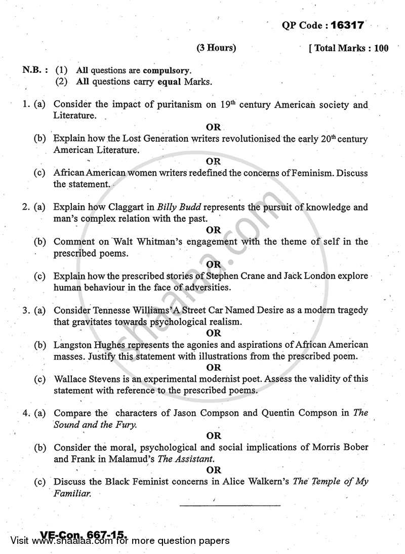 Nineteenth and Twentieth Century American Literature 2014-2015 - M.A. - Part 1 - University of Mumbai question paper with PDF download