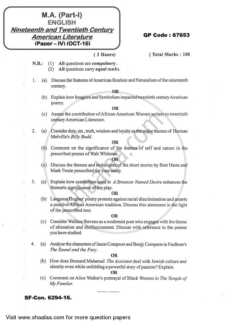 Nineteenth and Twentieth Century American Literature 2016-2017 - M.A. - Part 1 - University of Mumbai question paper with PDF download