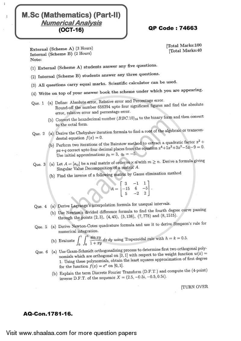 Numerical Analysis 2016-2017 - M.A. - Part 2 - University of Mumbai question paper with PDF download
