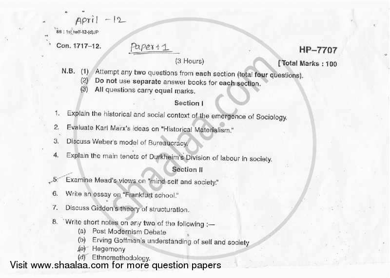 Perspectives of Indian Society 2011-2012 - M.A. - Part 1 - University of Mumbai question paper with PDF download