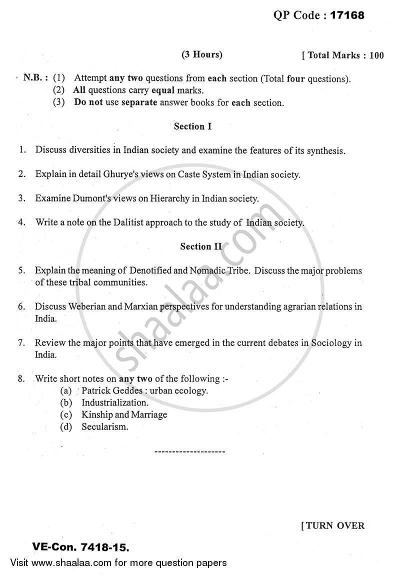 Perspectives of Indian Society 2014-2015 - M.A. - Part 1 - University of Mumbai question paper with PDF download
