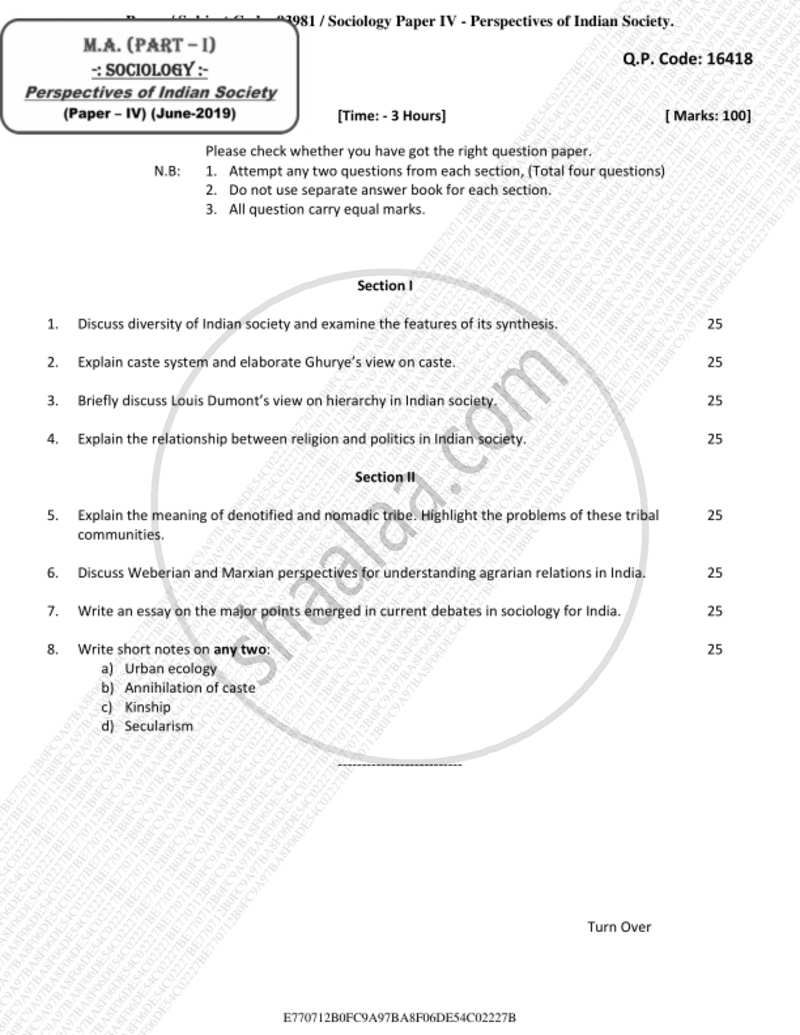 Perspectives of Indian Society 2018-2019 - M.A. - Part 1 - University of Mumbai question paper with PDF download
