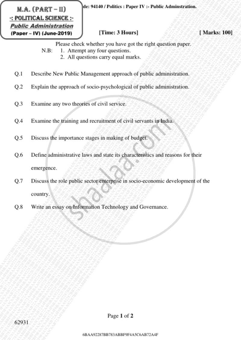 Public Administration 2018-2019 - M.A. - Part 2 - University of Mumbai question paper with PDF download