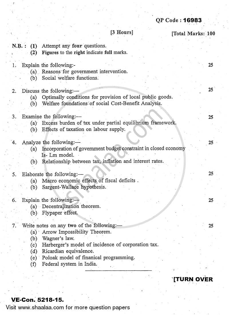 Public Economics 2014-2015 - M.A. - Part 2 - University of Mumbai question paper with PDF download