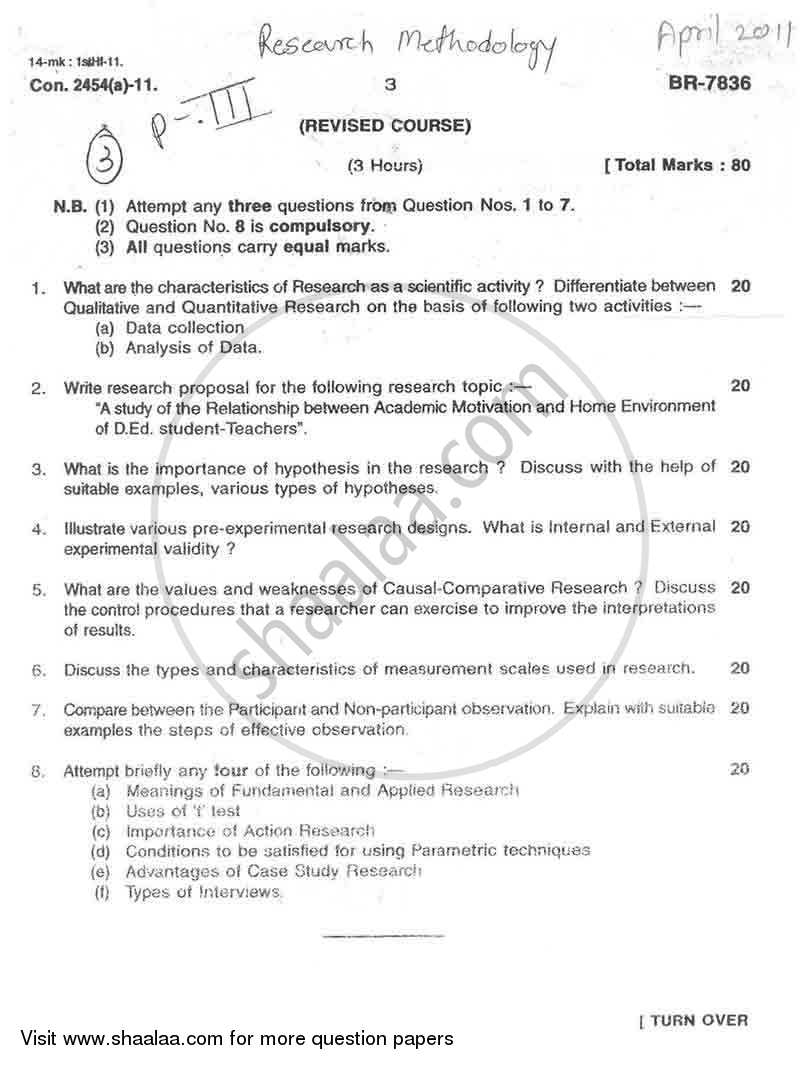 Research Methodology in Education 2010-2011 - M.A. - Part 1 - University of Mumbai question paper with PDF download