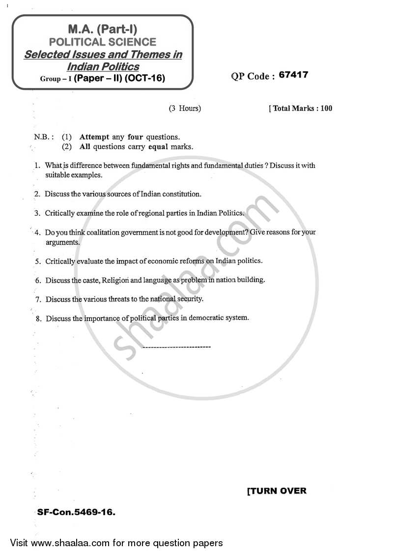 Selected Issues and Themes in Indian Politics 2016-2017 - M.A. - Part 1 - University of Mumbai question paper with PDF download