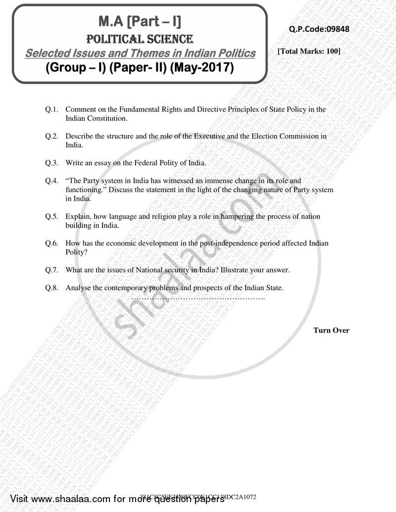 Selected Issues and Themes in Indian Politics 2016-2017 - M.A. - Part 1 - University of Mumbai question paper with PDF download