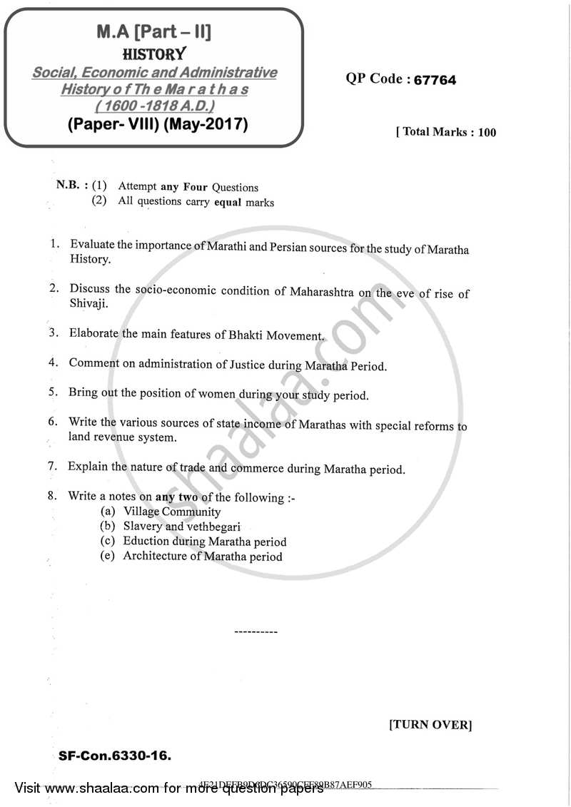 Social, Economic and Administrative History of the Marathas ( 1600 -1818 A.D.) 2016-2017 - M.A. - Part 2 - University of Mumbai question paper with PDF download