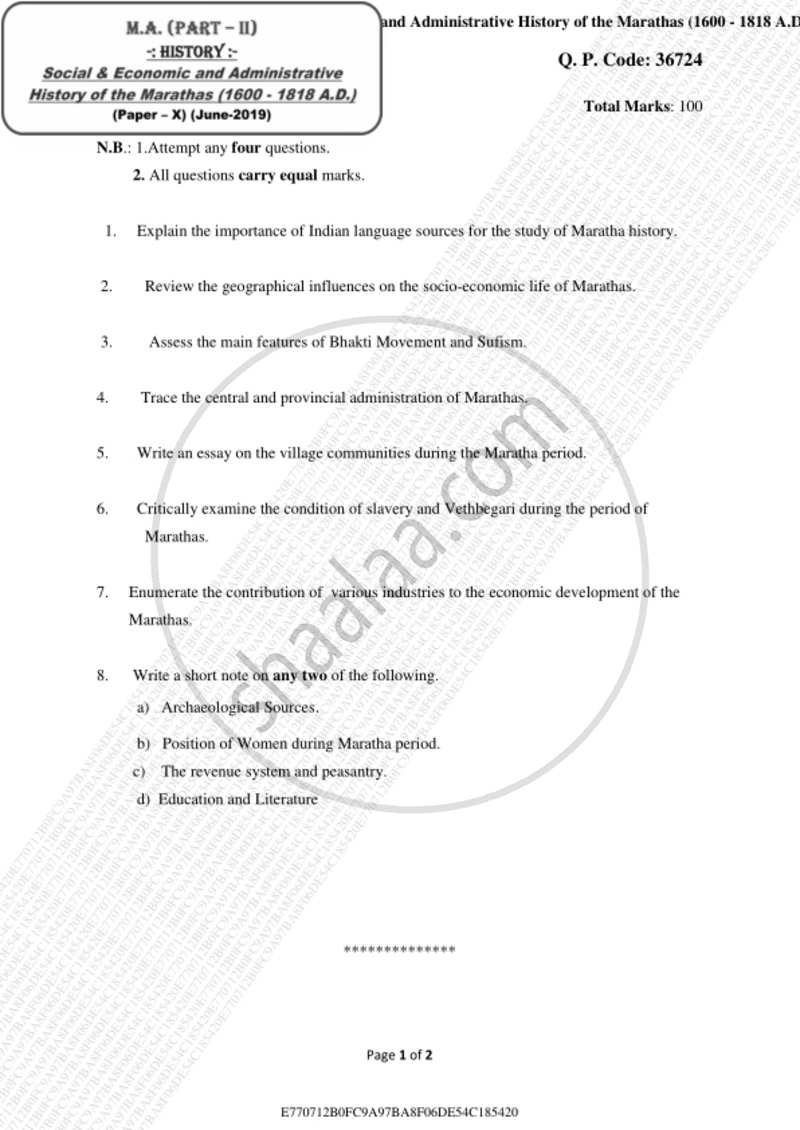 Social, Economic and Administrative History of the Marathas ( 1600 -1818 A.D.) 2018-2019 - M.A. - Part 2 - University of Mumbai question paper with PDF download