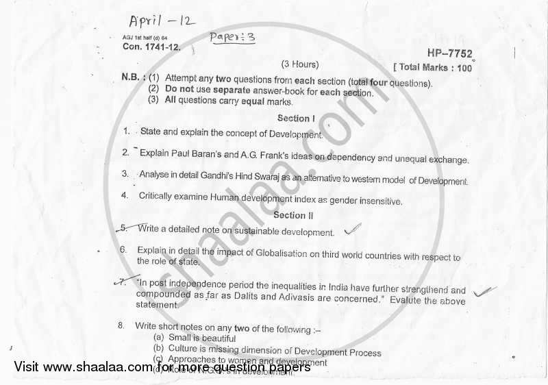 Sociology of Development 2011-2012 - M.A. - Part 1 - University of Mumbai question paper with PDF download