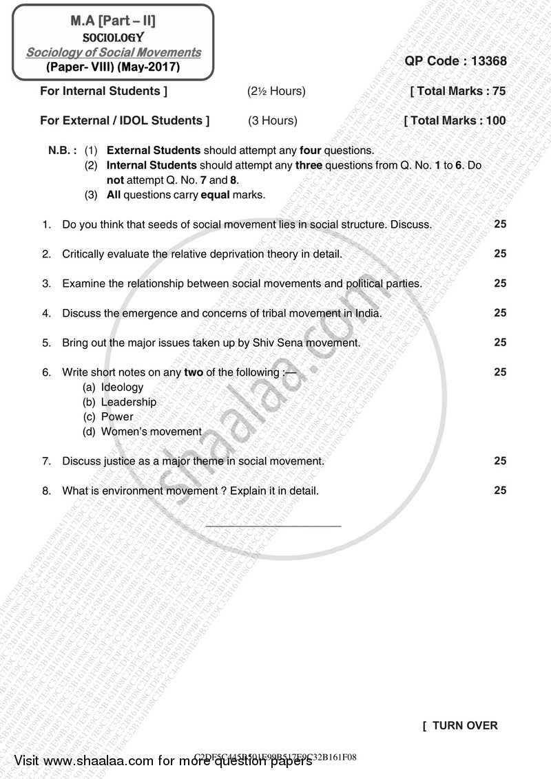 Sociology of Social Movements 2016-2017 - M.A. - Part 2 - University of Mumbai question paper with PDF download