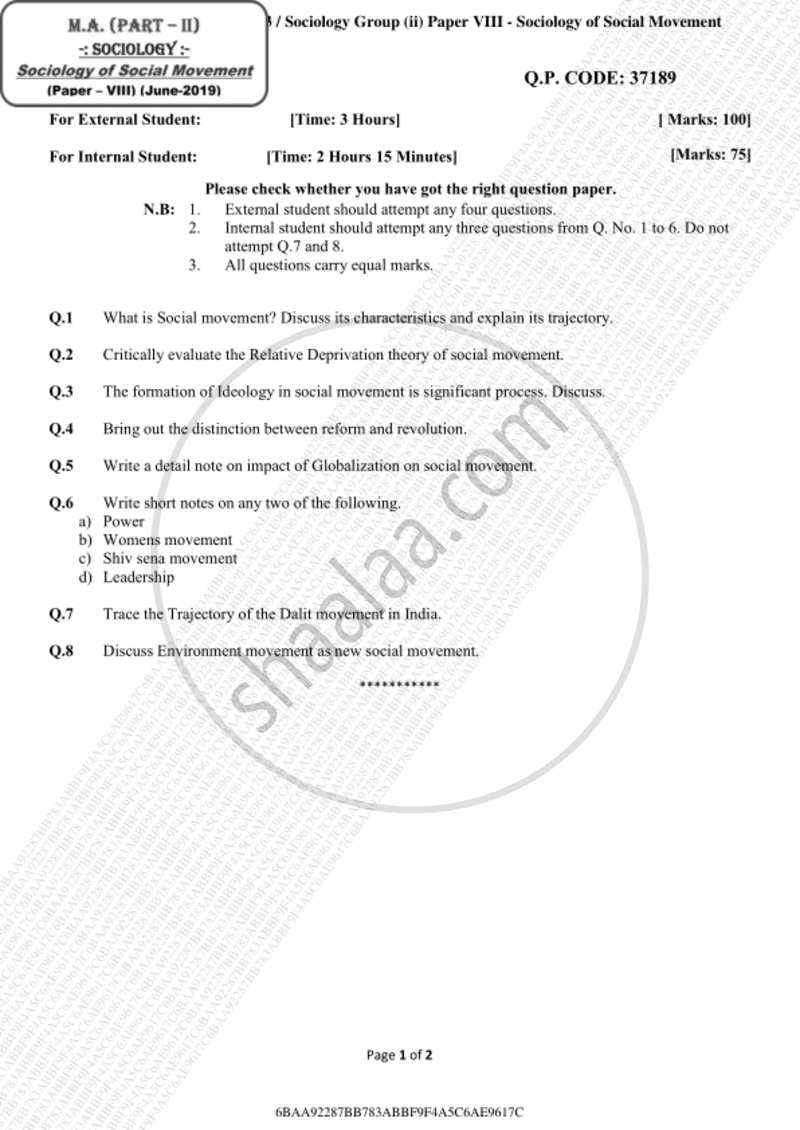 Sociology of Social Movements 2018-2019 - M.A. - Part 2 - University of Mumbai question paper with PDF download