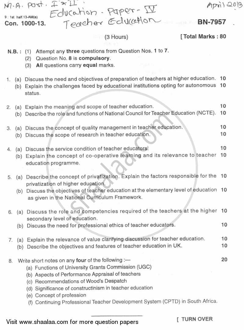 Teacher Education 2012-2013 - M.A. - Part 1 - University of Mumbai question paper with PDF download