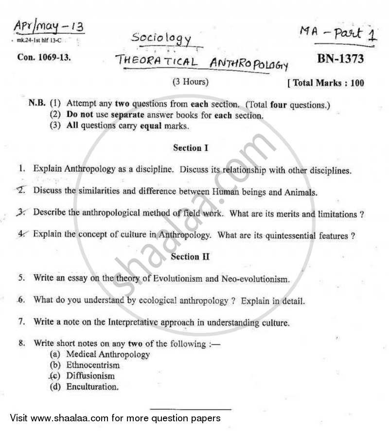 Theoretical Anthropology 2012-2013 - M.A. - Part 1 - University of Mumbai question paper with PDF download