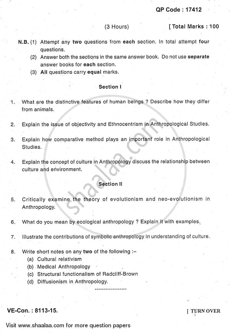 Theoretical Anthropology 2014-2015 - M.A. - Part 1 - University of Mumbai question paper with PDF download