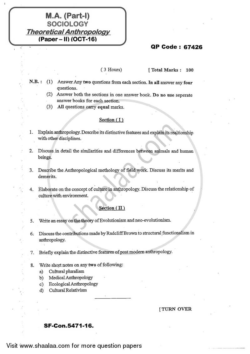 Theoretical Anthropology 2016-2017 - M.A. - Part 1 - University of Mumbai question paper with PDF download