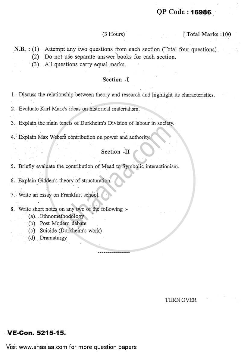 Theoretical Perspectives of Sociology 2014-2015 - M.A. - Part 1 - University of Mumbai question paper with PDF download