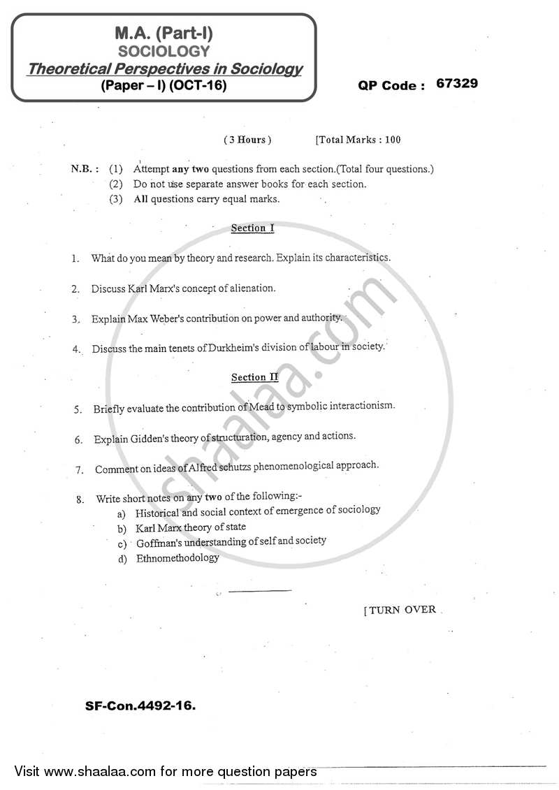 Theoretical Perspectives of Sociology 2016-2017 - M.A. - Part 1 - University of Mumbai question paper with PDF download