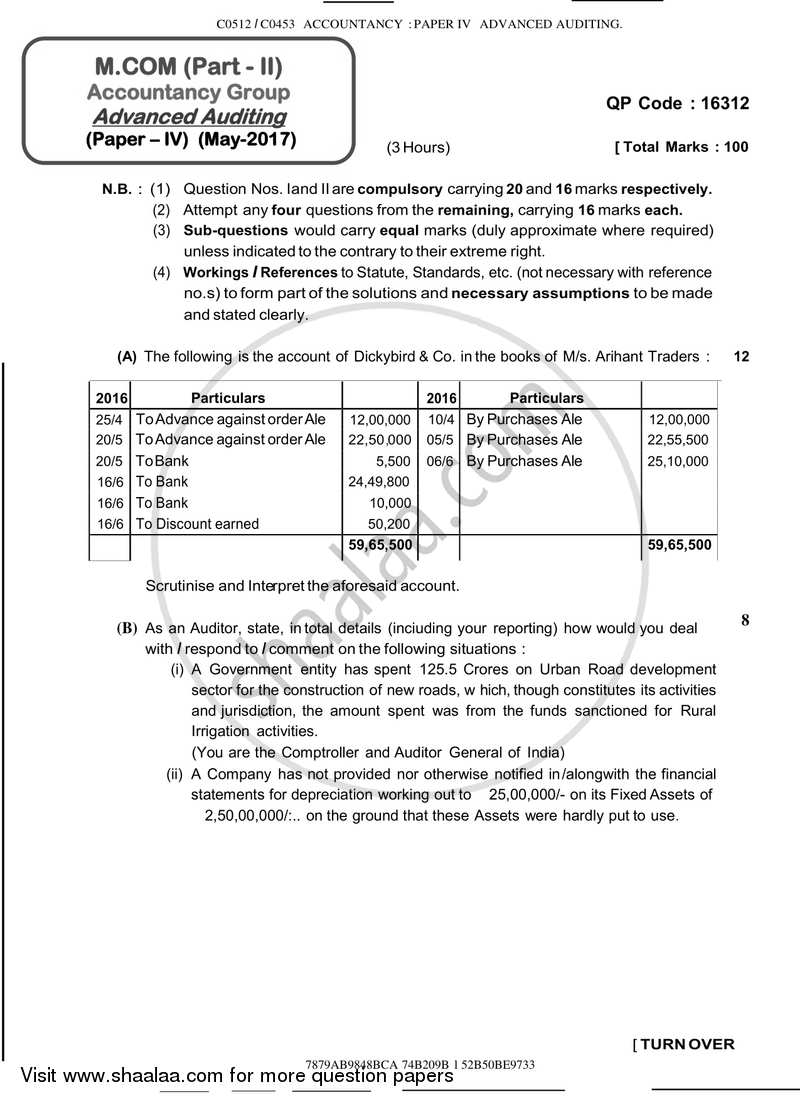Advanced Auditing 2016-2017 - M.Com. - Part 2 - University of Mumbai question paper with PDF download