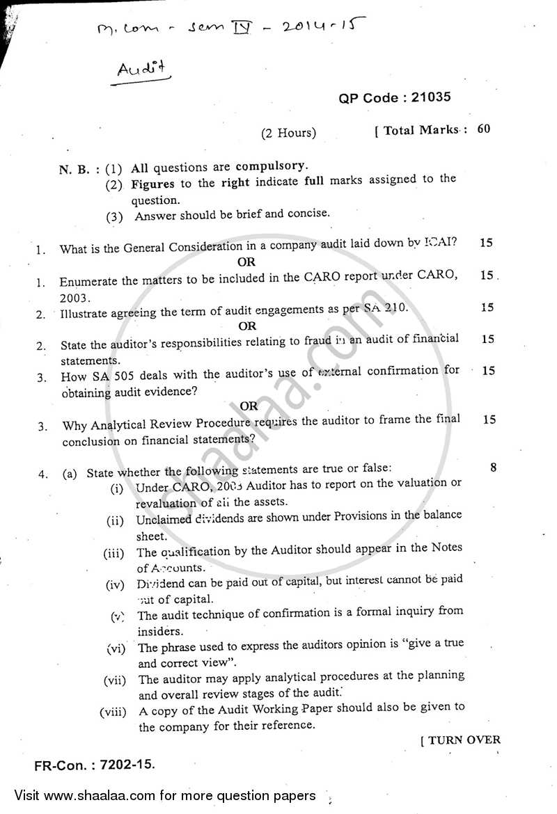 Advanced Auditing Paper‐2 2014-2015 - M.Com. - Semester 4 - University of Mumbai question paper with PDF download