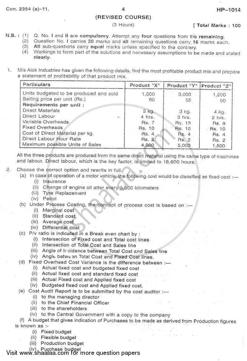 Advanced Cost Accounting 2010-2011 - M.Com. - Part 1 - University of Mumbai question paper with PDF download