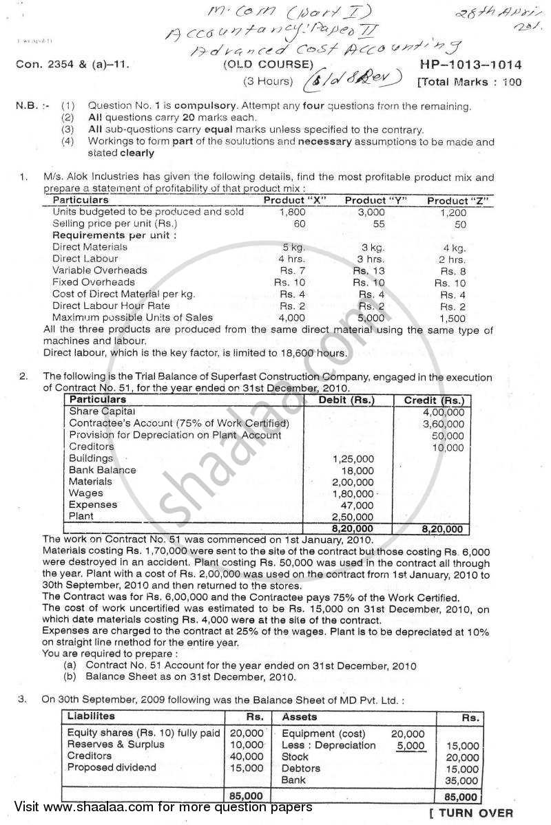 Advanced Cost Accounting 2010-2011 - M.Com. - Part 1 - University of Mumbai question paper with PDF download