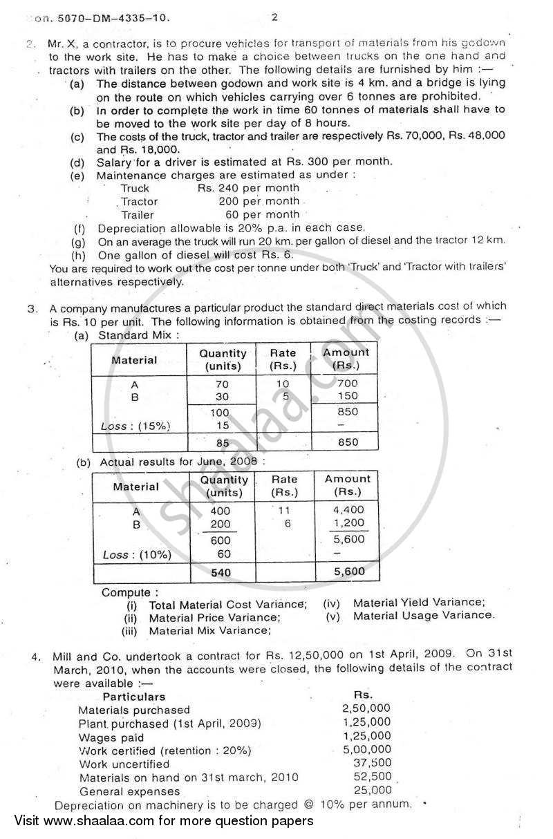 Advanced Cost Accounting 2010-2011 - M.Com. - Part 1 - University of Mumbai question paper with PDF download