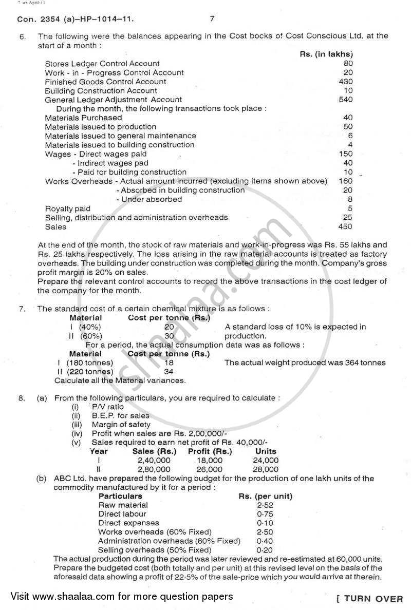 Advanced Cost Accounting 2010-2011 - M.Com. - Part 1 - University of Mumbai question paper with PDF download