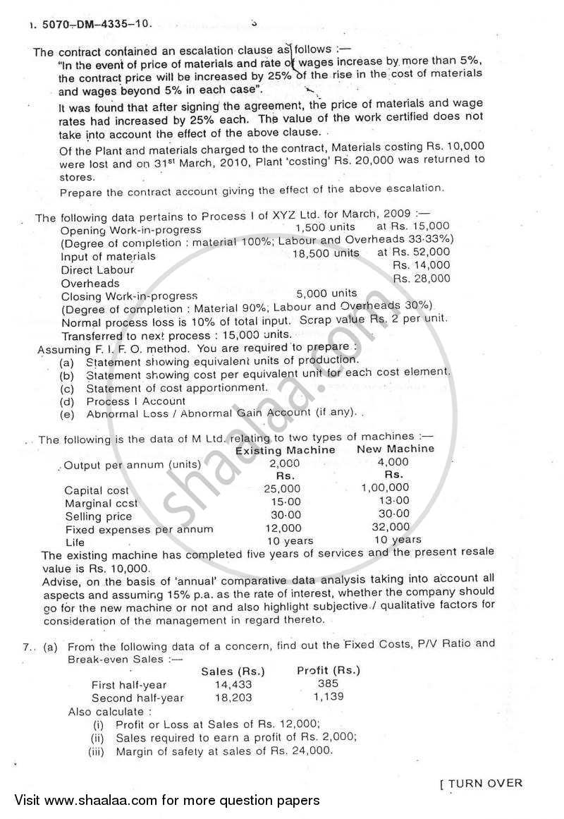 Advanced Cost Accounting 2010-2011 - M.Com. - Part 1 - University of Mumbai question paper with PDF download