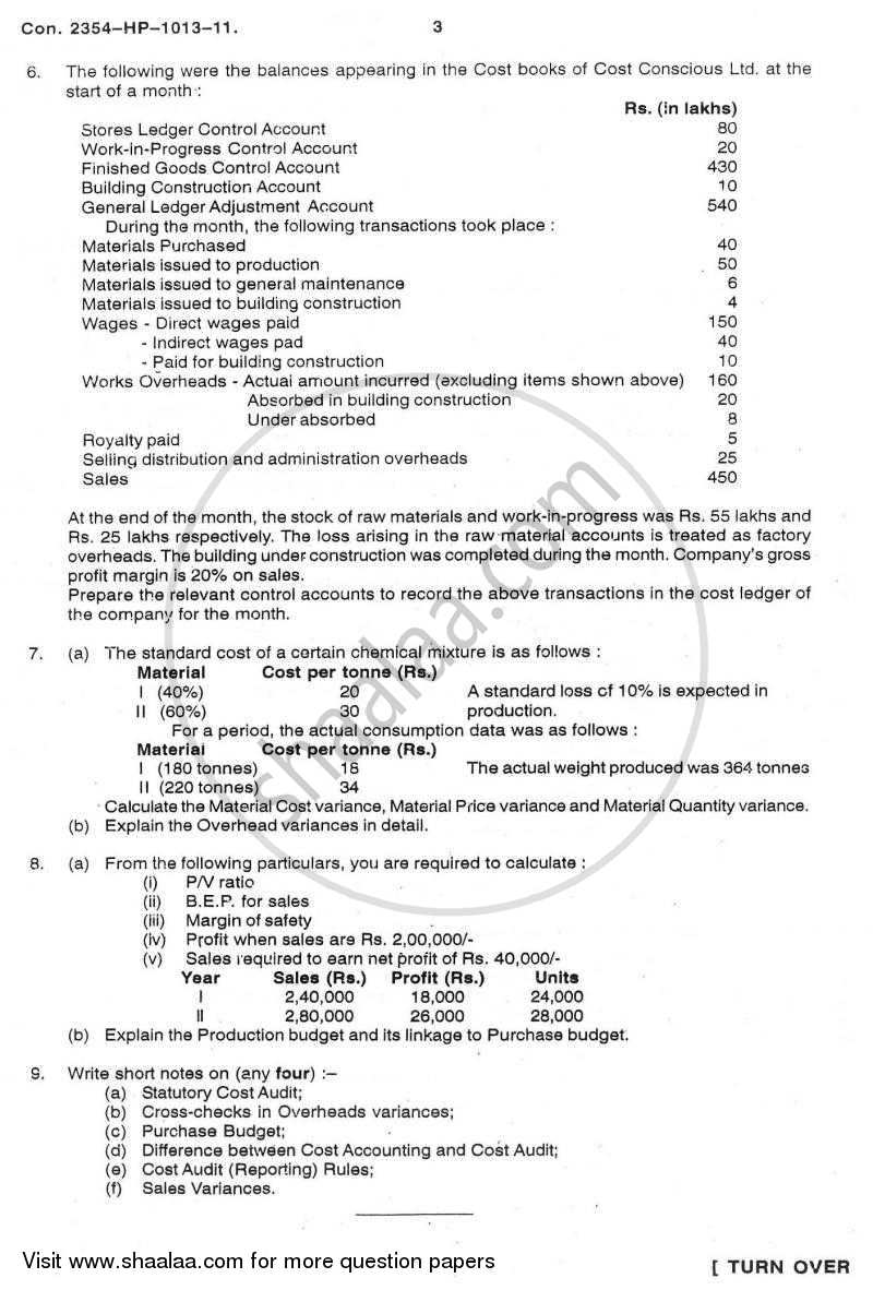 Advanced Cost Accounting 2010-2011 - M.Com. - Part 1 - University of Mumbai question paper with PDF download