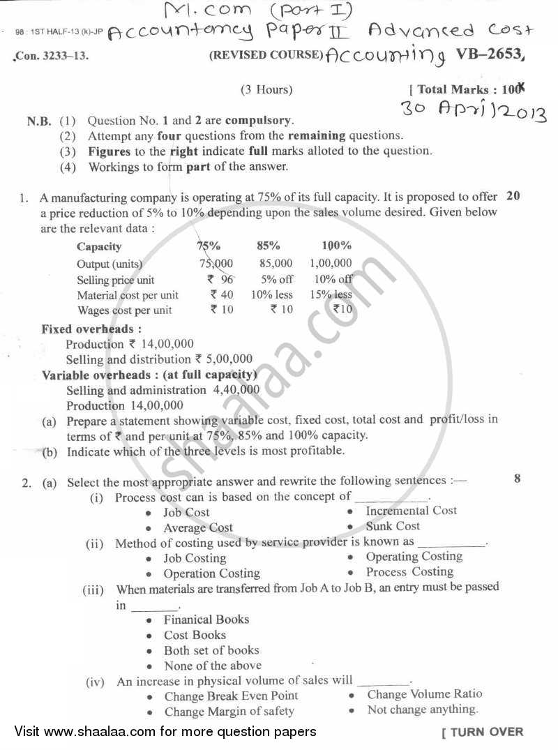 Advanced Cost Accounting 2012-2013 - M.Com. - Part 1 - University of Mumbai question paper with PDF download